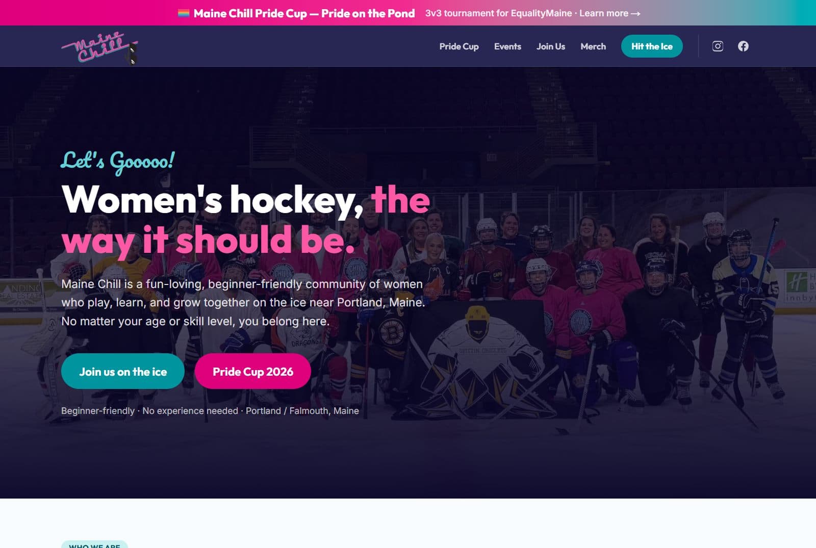 Screenshot of the Maine Chill Women's Hockey website